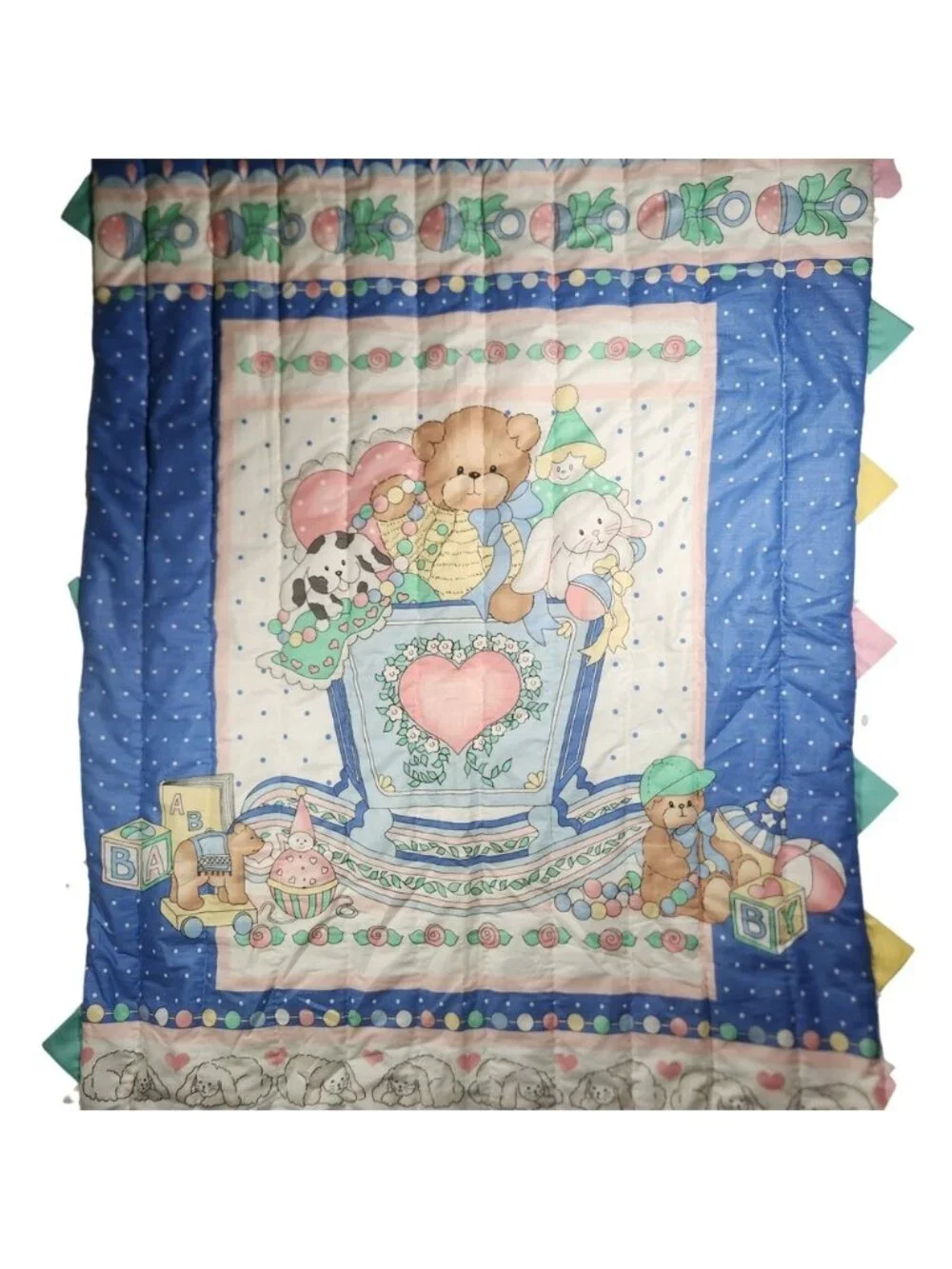 Vintage Teddy Bear Puppy Bunny Toy Box Baby Blanket Puff Quilt Blue Polka Dot